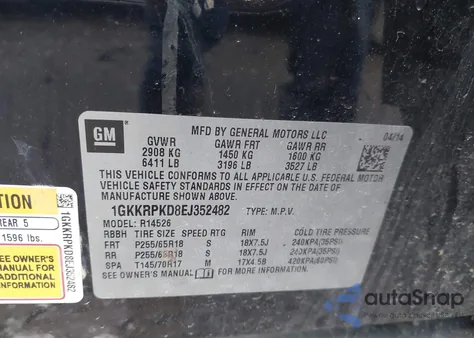 2014 GMC Acadia Sle-2 из США, поврежденный, VIN 1GKKRPKD8EJ352482
